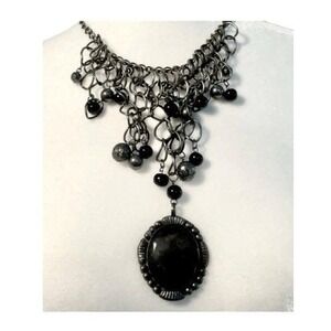 Beaded Statement Necklace Black Silver Tone Metal Pendent Choker Adjustable